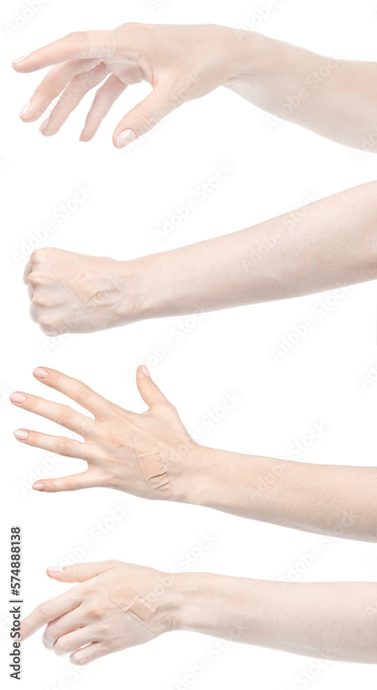 Collage female caucasian hands sticking medical adhesive wound plaster isolated white background. Set woman hands with surgical tape showing different gestures. first aid bandage Collage female caucasian hands sticking medical adhesive wound plaster isolated white background. Set woman hands with surgical tape showing different gestures. first aid bandage