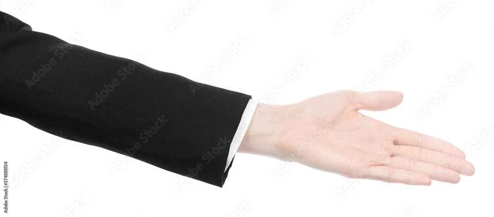 Obraz premium Female caucasian hands in black and white office clothes isolated white background. business woman hands showing different gestures. Office Style