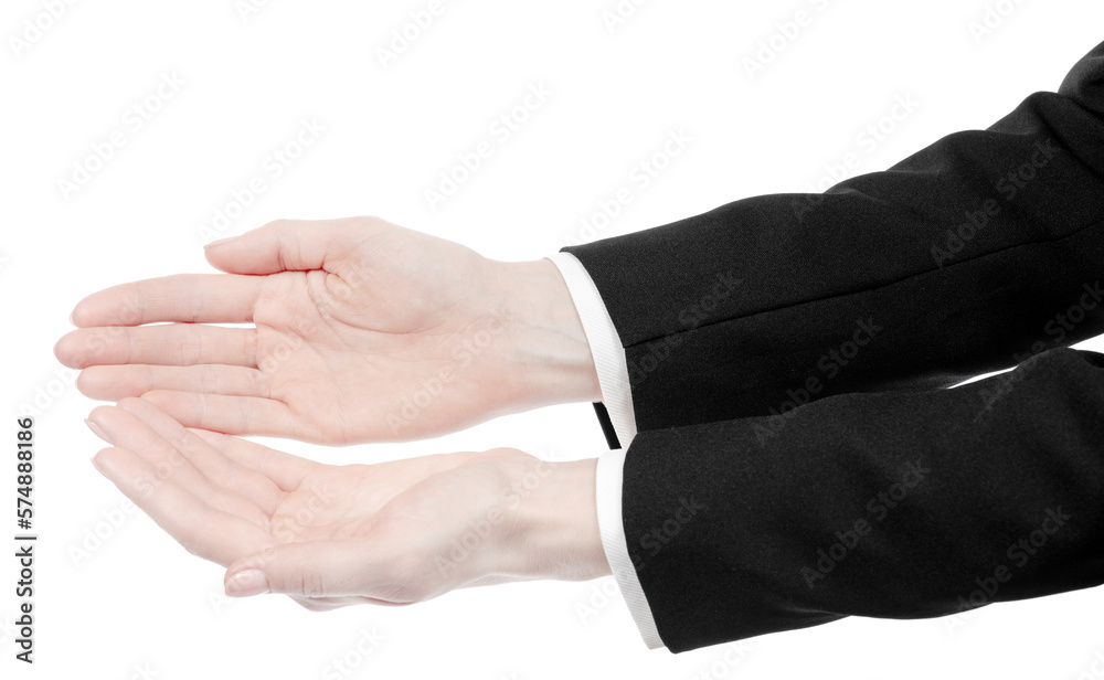 Female caucasian hands in black and white office clothes isolated white background. business woman hands showing different gestures. Office Style Female caucasian hands in black and white office clothes isolated white background. business woman hands showing different gestures. Office Style