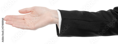 Female caucasian hands in black and white office clothes isolated white background. business woman hands showing different gestures. Office Style
