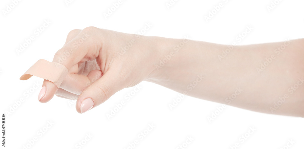 Female caucasian hands sticking medical adhesive wound plaster isolated white background. Woman hands with surgical tape showing different gestures. first aid bandage Female caucasian hands sticking medical adhesive wound plaster isolated white background. Woman hands with surgical tape showing different gestures. first aid bandage