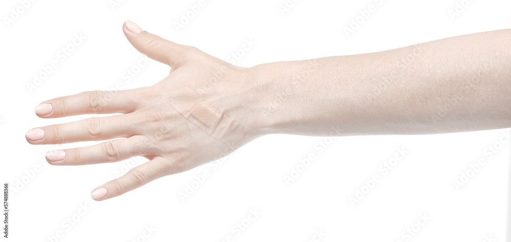 Female caucasian hands with medical adhesive wound plaster  isolated white background. Woman hands with surgical tape showing different gestures. first aid bandage
