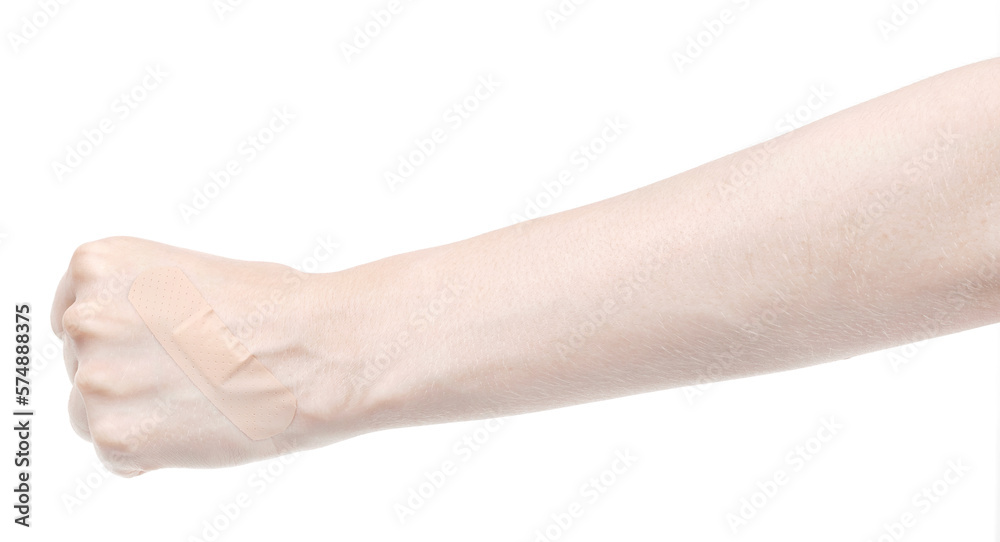 Female caucasian hands with medical adhesive wound plaster isolated white background. Woman hands with surgical tape showing different gestures. first aid bandage Female caucasian hands with medical adhesive wound plaster isolated white background. Woman hands with surgical tape showing different gestures. first aid bandage