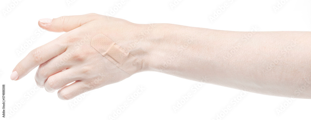 Female caucasian hands with medical adhesive wound plaster  isolated white background. Woman hands with surgical tape showing different gestures. first aid bandage