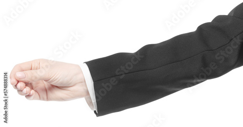 Female caucasian hands in black and white office clothes isolated white background. business woman hands showing different gestures. Office Style