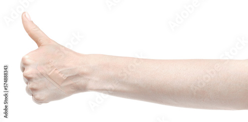 Female caucasian hands with medical adhesive wound plaster isolated white background. Woman hands with surgical tape showing different gestures. first aid bandage