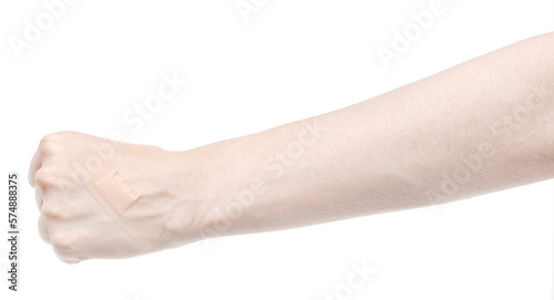 Female caucasian hands with medical adhesive wound plaster isolated white background. Woman hands with surgical tape showing different gestures. first aid bandage
