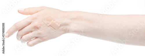 Female caucasian hands with medical adhesive wound plaster isolated white background. Woman hands with surgical tape showing different gestures. first aid bandage