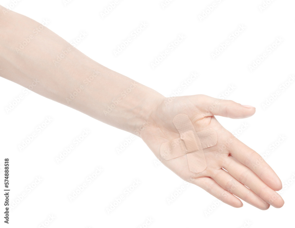 Female caucasian hands with medical adhesive wound plaster  isolated white background. Woman hands with surgical tape showing different gestures. first aid bandage