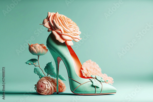 Illustration realistic shoes with flowers on a colored background. Generative Ai