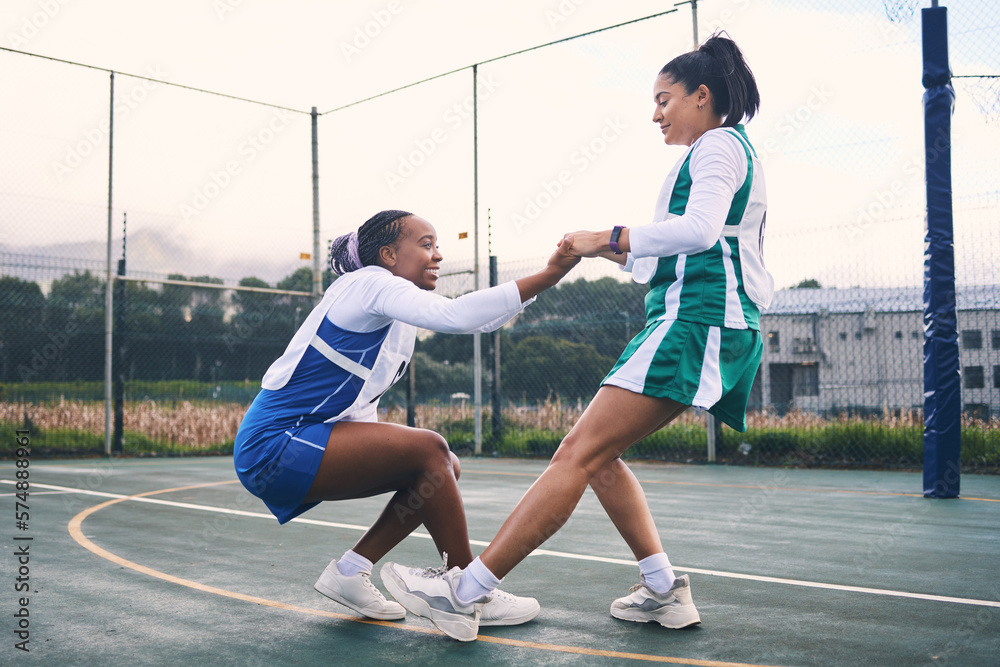 Netball help, support and outdoor game of team sports with fitness and exercise. Helping, sportsmanship and student women with teamwork and collaboration in a sport competition with happiness