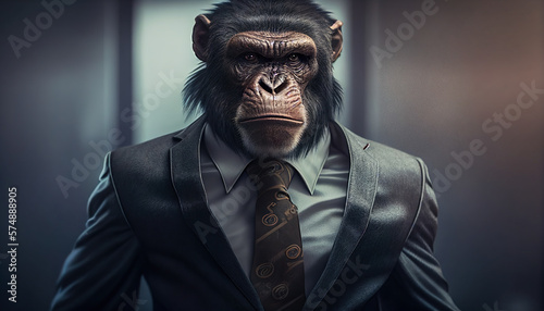Ape Baboon Dressed In Formal Business Suit Bokeh Background - Generative AI