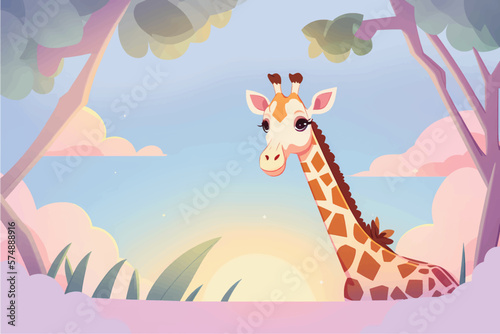 Cute Giraffe Vector Illustration with Nature Background for Kids: Adorable Safari Animal in Playful Vector Style Surrounded by Vibrant Trees and Leaves - Perfect for Children's Books, Educational Reso © aprilian