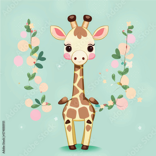Cute Giraffe Vector Illustration with Nature Background for Kids: Adorable Safari Animal in Playful Vector Style Surrounded by Vibrant Trees and Leaves - Perfect for Children's Books, Educational Reso