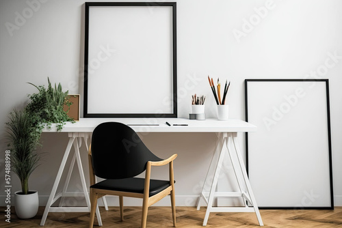 Elegant home office mockup with a white table  a brown chair  and a frame . Generative AI