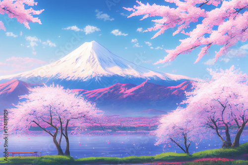 Beautiful pink cherry trees and Mount Fuji in the background of this Japan anime scenery wallpaper