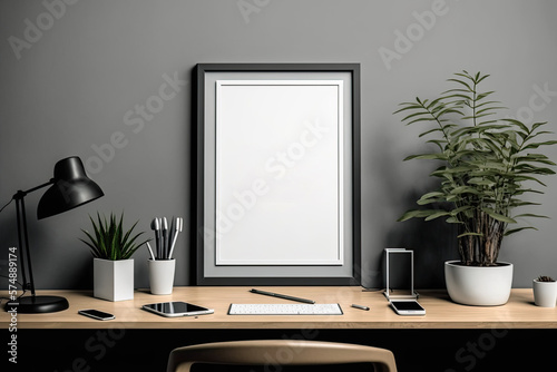 Minimal office portrait frame mockup with woody desk and gray wall. Generative AI © 2rogan