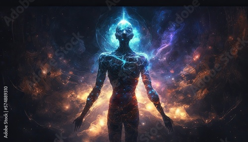 Astral Body silhouette In Cosmic Abstract Space, Representing Spiritual Connection and Meditation, Ascending Beyond, Ai, Ai Generated