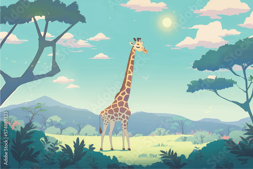 Cute Giraffe Vector Illustration with Nature Background for Kids  Adorable Safari Animal in Playful Vector Style Surrounded by Vibrant Trees and Leaves - Perfect for Children s Books  Educational Reso