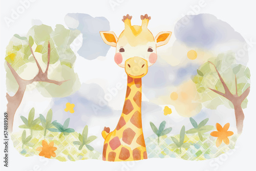 Cute Giraffe Vector Illustration with Nature Background for Kids  Adorable Safari Animal in Playful Vector Style Surrounded by Vibrant Trees and Leaves - Perfect for Children s Books  Educational Reso