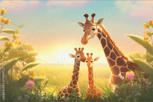 Fototapeta Naklejka Na Ścianę i Meble -  Cute Giraffe Vector Illustration with Nature Background for Kids: Adorable Safari Animal in Playful Vector Style Surrounded by Vibrant Trees and Leaves - Perfect for Children's Books, Educational Reso