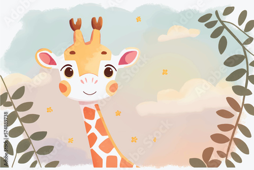 Cute Giraffe Vector Illustration with Nature Background for Kids: Adorable Safari Animal in Playful Vector Style Surrounded by Vibrant Trees and Leaves - Perfect for Children's Books, Educational Reso