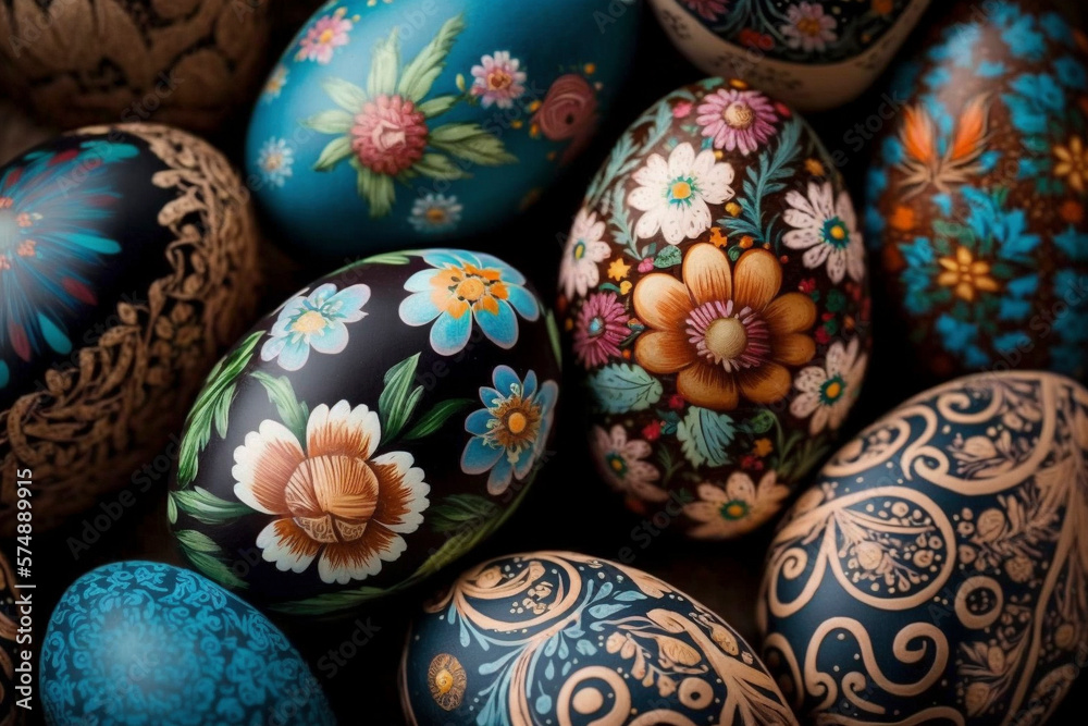 A Close-Up View of Easter Eggs Decorated with Lovely Flower Designs - Generative Ai A Close-Up View of Easter Eggs Decorated with Lovely Flower Designs - Generative Ai