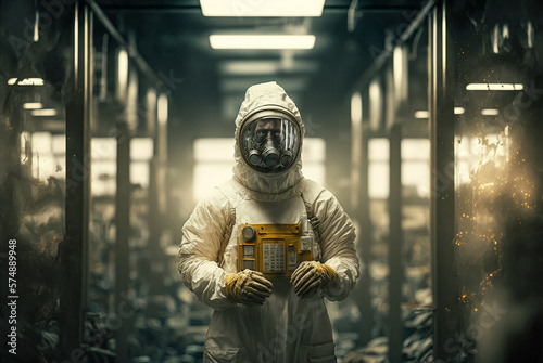 Human in Biohazard Protective Suit in Abandoned Lab. Generative AI. photo