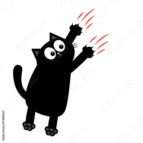 Black fat cat nail claw scratch glass. Standing scratching kitten claw. Cute cartoon funny character falling down. Excoriation track line shape. Baby pet collection. White background. Flat design