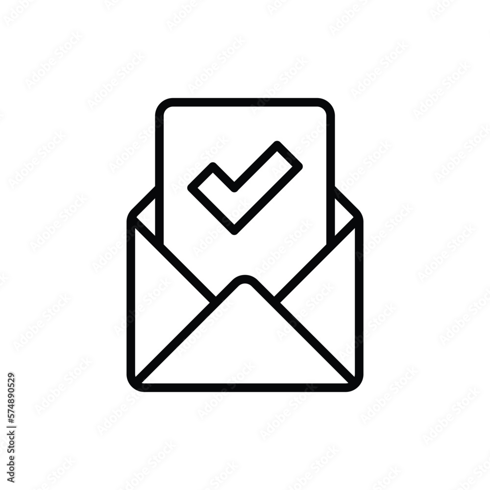 Letter approved thin line icon: envelope with paper sheet with check mark. Modern vector illustration.