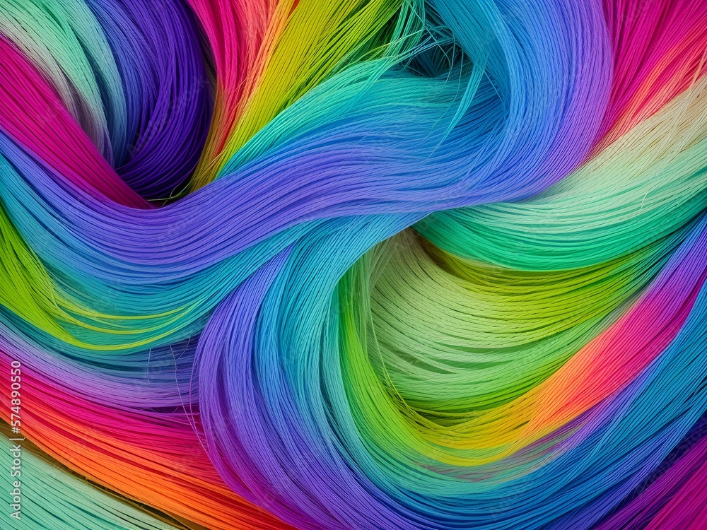 threads of yarn as an abstract background, close-up, multi-colored threads of colored delicate rainbow yarn Generative AI