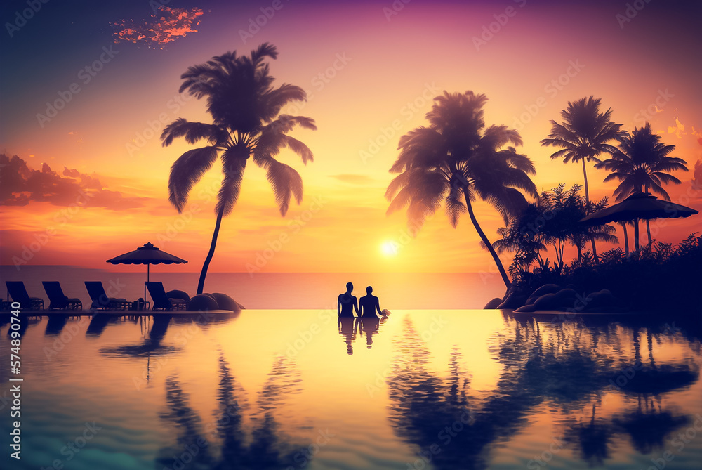 Couple Enjoying Sunset at a Tropical Island. Generative AI.