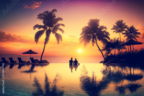 Couple Enjoying Sunset at a Tropical Island. Generative AI. © Shiva3D