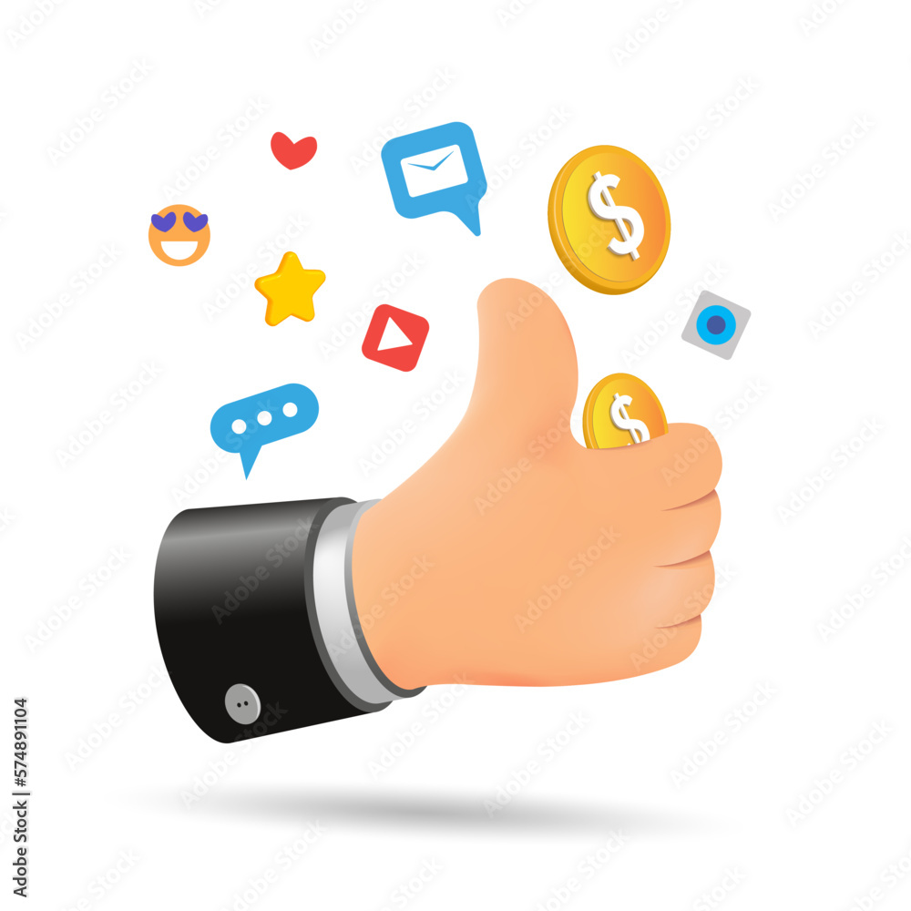 3D vector illustration. Cartoon human hand with thumb,
social media like concept, business success. 3D vector illustration. Cartoon human hand with thumb,
social media like concept, business success.