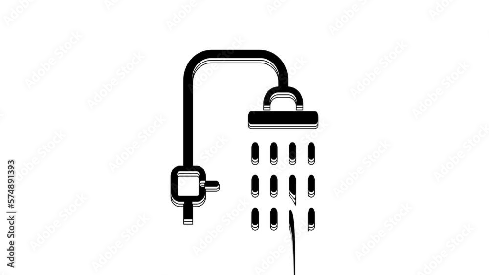 Black Shower head with water drops flowing icon isolated on white background. 4K Video motion graphic animation Black Shower head with water drops flowing icon isolated on white background. 4K Video motion graphic animation