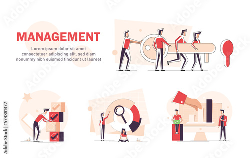 Teamwork concept with coworking and office work symbols flat vector illustration