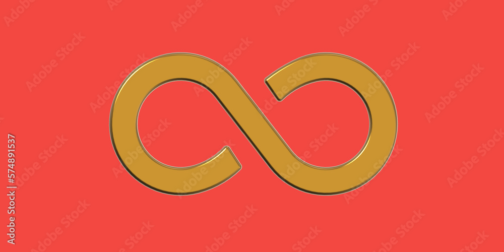 The sign of infinity is golden, isolated on a red background. Symbol of infinity. Horizontal image. 3D image. 3D rendering. Banner for insertion into site. The sign of infinity is golden, isolated on a red background. Symbol of infinity. Horizontal image. 3D image. 3D rendering. Banner for insertion into site.