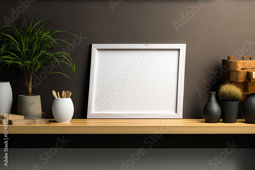 horizontal wooden frame mockup on desk shelf and gray wall. Generative AI