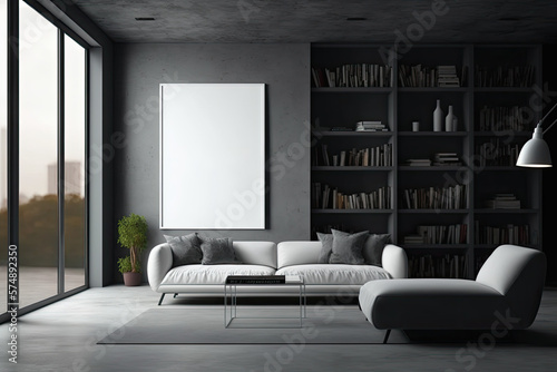 Interior of a dark living room with a white poster that is blank, a coffee table with a sofa, a panoramic window, a grey wall, a concrete floor, and bookcases. minimalist design principle. a mockup
