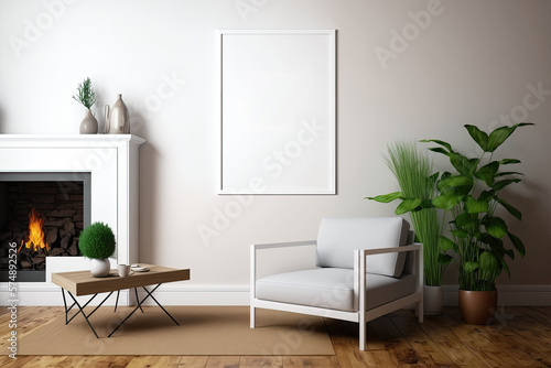 Interior of living room with fireplace, carpet, crockery, beige wall, wooden parquet floor, comfy coffee table, and white empty poster. minimalist design principle. a mockup. Generative AI