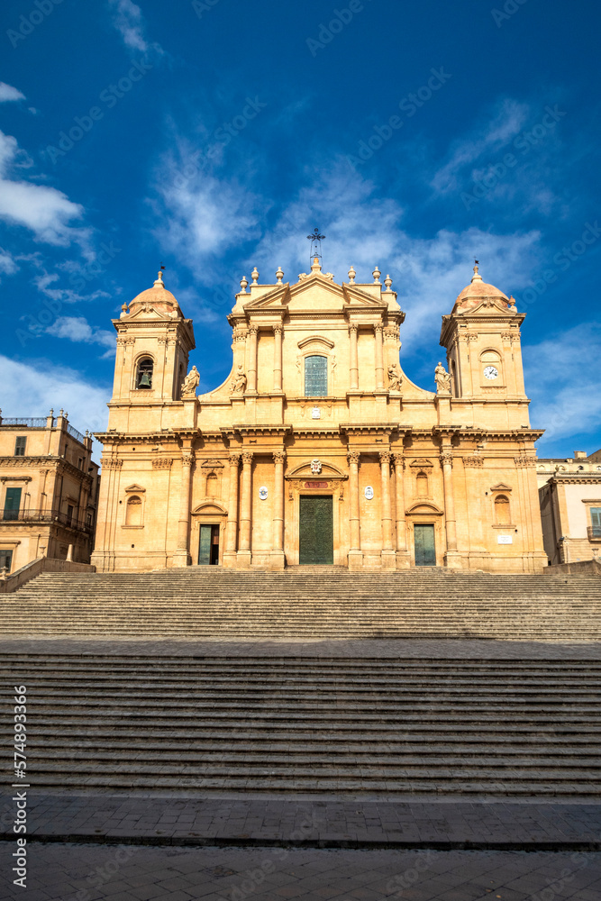travel to Italy - front view of Noto Cathedral (Minor Basilica of St Nicholas of Myra) in Sicily. Vertical view