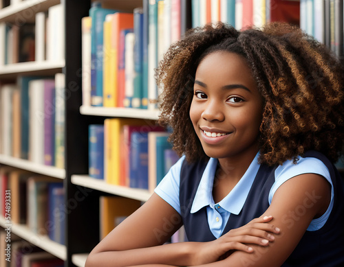 Black african american young girl in the library. Generative AI