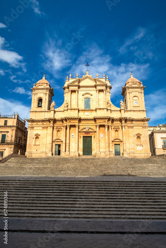 travel to Italy - front view of Noto Cathedral (Minor Basilica of St Nicholas of Myra) in Sicily. Vertical view