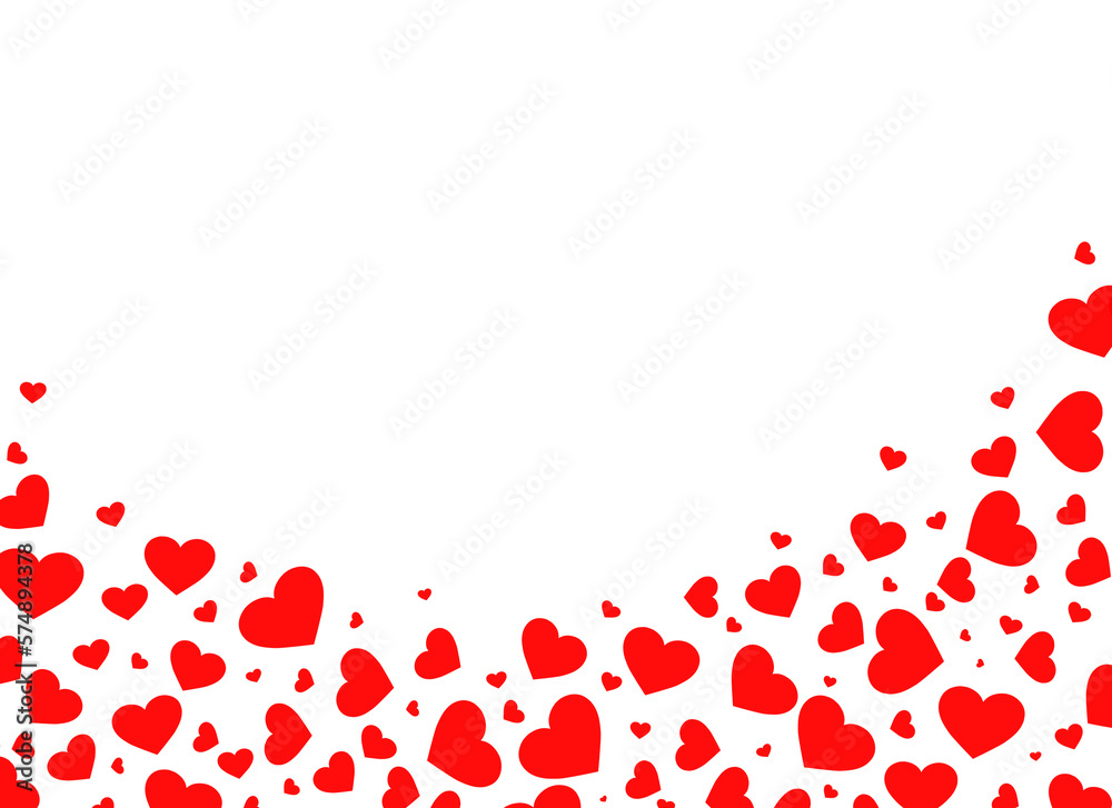 Many red hearts on a white, copy space. Love, romance and Valentine's Day background. Abstract high resolution template.