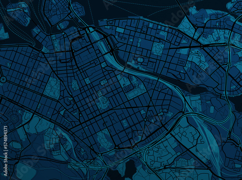 Illustrative map of a fictional city in dark tones. Abstract city map background.