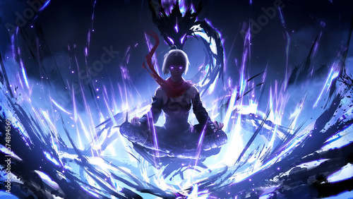 A beautiful girl meditates, she is overflowing with power, she soars above the ground summoning a magical black dragon with a purple glow around, as in calligraffi he entangles her. 2d digital art photo