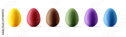 Set easter eggs with realistic effect on white background, colourful 3d shapes, glossy isolated
