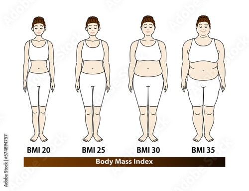 ボディマスインデックス 若い女性の体形変化 ダイエットのビフォーアフター 正面 イラスト ベクター