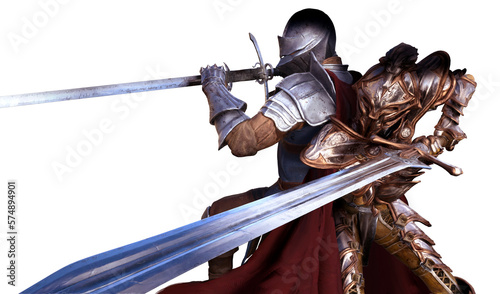 Canvastavla Two knight companions in plate  shiny armor, a man and a woman are standing back to back preparing to conduct a combined, they have beautiful helmets