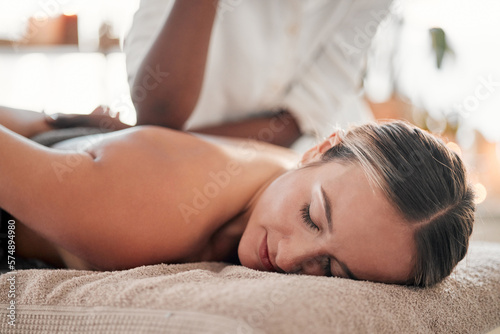 Relax woman, physiotherapy or back massage for spa healthcare, physical therapy treatment or salon wellness. Luxury medical service, health or relax client, customer or patient for professional care
